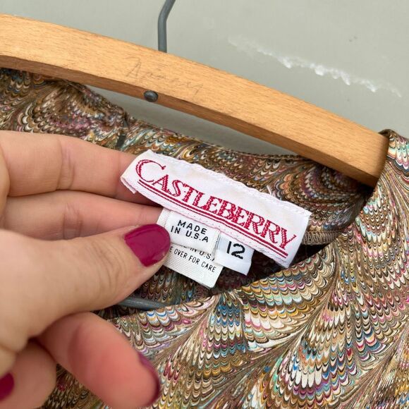 VTG 80s Castleberry Marbled Satin Blouse Pleated Knit Skirt Set M/L USA - Picture 4 of 12